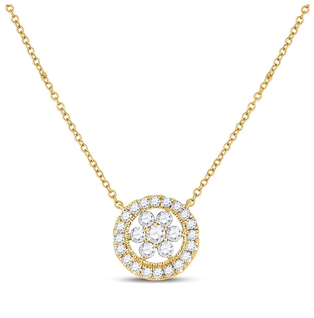 14K Yellow Gold Womens Round Diamond Floral Cluster Necklace 1/3 Cttw, Length: 17.99 In