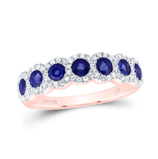 14K Rose Gold Womens Round Blue Sapphire Diamond Band Ring 1-1/4 Cttw, Womens Size: 5-10