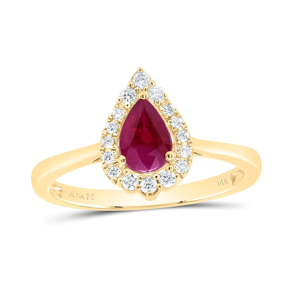 14kt Yellow Gold 1/8ctw Diamond Ana M 6.5x4.5mm Ruby Pear Natural Gem  Ring