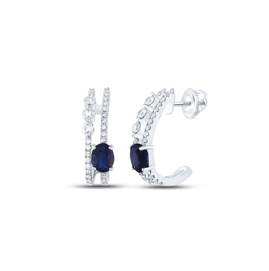 14kt White Gold Womens Oval Blue Sapphire Fashion Hoop Earrings 3/4 Cttw