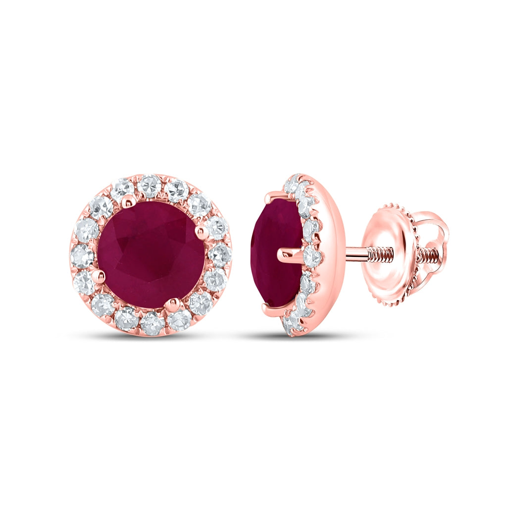 14kt Rose Gold Womens Round Ruby Solitaire Halo Earrings 1-1/3 Cttw