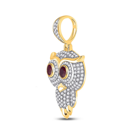 14K Yellow Gold Mens Round Ruby Diamond Owl Bird Charm Pendant 2-5/8 Cttw