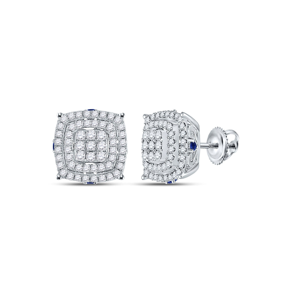 14K White Gold Womens Round Diamond Blue Sapphire Square Earrings 7/8 Cttw