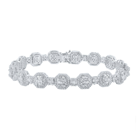 14K White Gold Mens Baguette Diamond Link Bracelet 6-1/4 Cttw