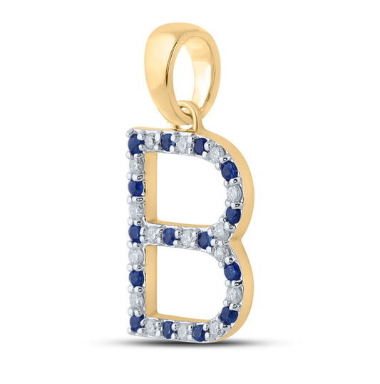 10K Yellow Gold Womens Round Blue Sapphire Diamond B Letter Pendant 1/4 Cttw