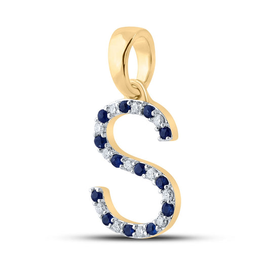 10K Yellow Gold Womens Round Blue Sapphire Diamond S Letter Pendant 1/4 Cttw, Length: 0.83 In, Width: 0.41 In