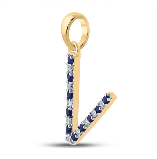 10K Yellow Gold Womens Round Blue Sapphire Diamond V Letter Pendant 1/6 Cttw