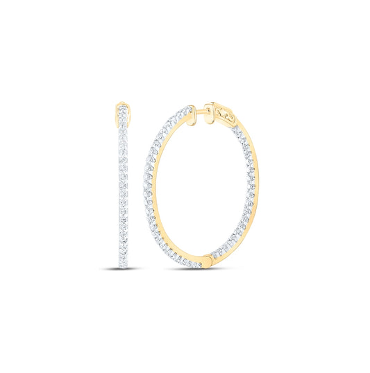 14K Yellow Gold Womens Round Diamond Inside Outside Hoop Earrings 1-1/2 Cttw, Length: 1.44 In