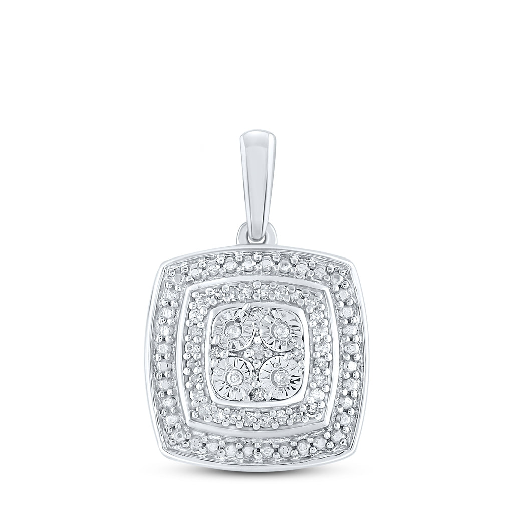 Sterling Silver Womens Round Diamond Square Pendant 1/12ctw