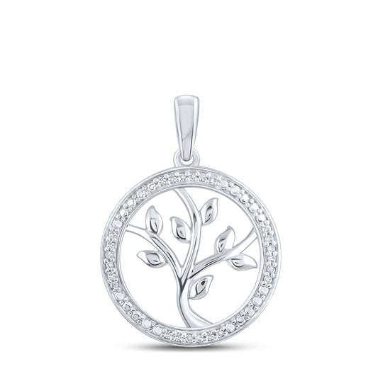 Sterling Silver Womens Round Diamond Tree of Life Circle Pendant 1/12ctw