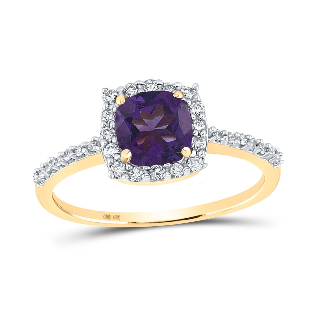 10K Yellow Gold Womens Cushion Synthetic Amethyst Diamond Solitaire Ring 1 Cttw, Womens Size: 5-10