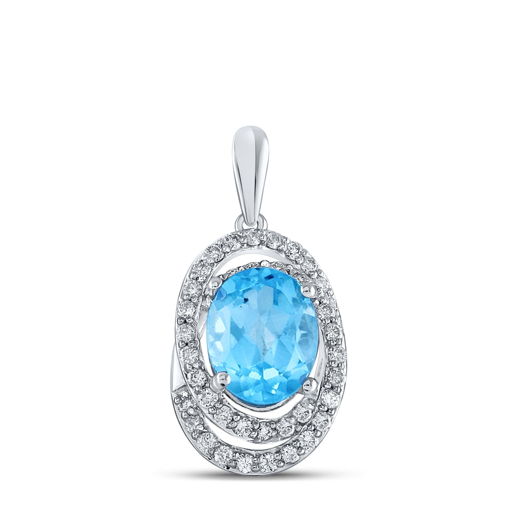 10K White Gold Womens Oval Synthetic Blue Topaz Diamond Solitaire Pendant 2-1/2 Cttw