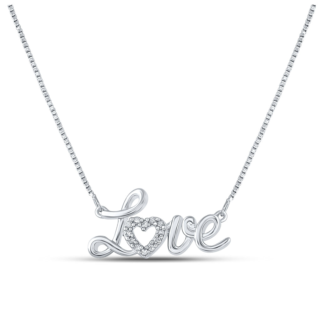 Sterling Silver Womens Round Diamond Love Heart Necklace 1/20 Cttw, Length: 17.5 In