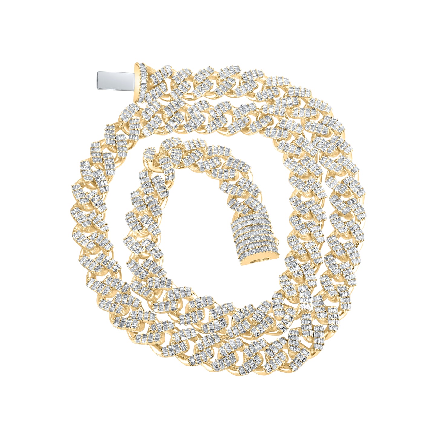 10K Yellow Gold Mens Baguette Diamond Cuban Link Chain Necklace 10 Cttw, Length: 17.99 In, Width: 0.39 In