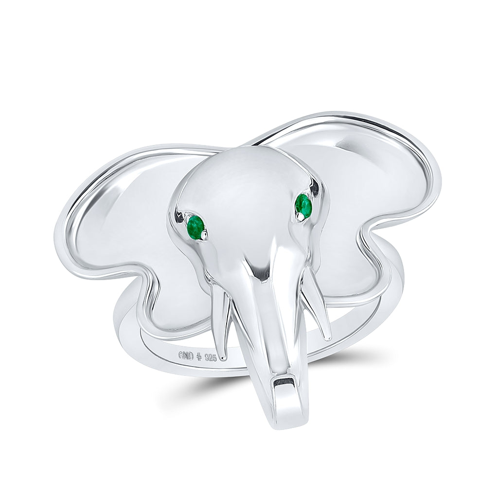 Sterling Silver Womens Round Emerald Elephant Animal Ring .03 Cttw, Womens Size: 5-10