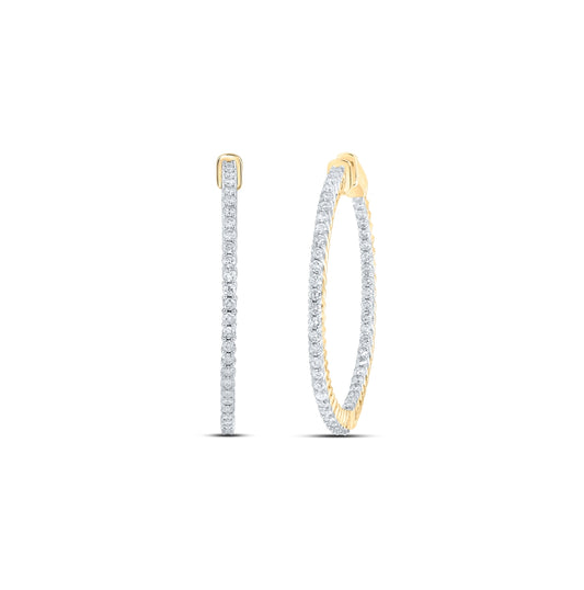 14K Yellow Gold Womens Round Diamond Slender In Out Hoop Earrings 2 Cttw