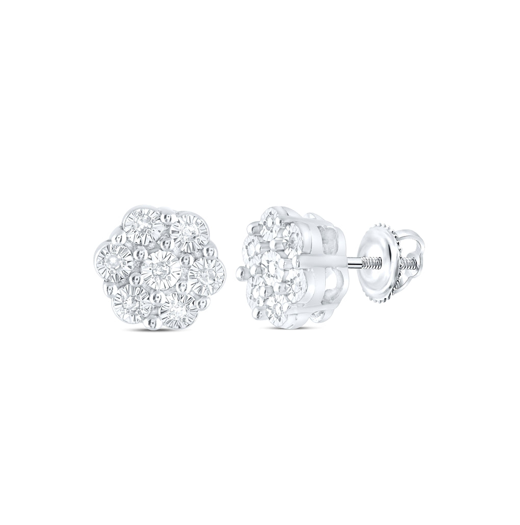 Sterling Silver Womens Round Diamond Cluster Earrings 1/20ctw