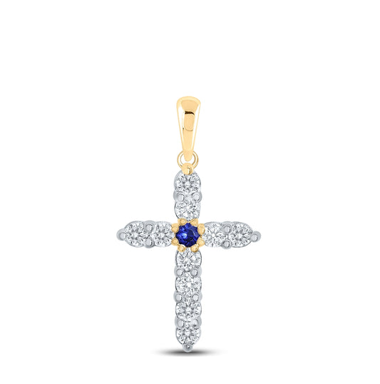 10K Yellow Gold Womens Round Blue Sapphire Diamond Cross Pendant 1/2 Cttw, Length: 1 In, Width: 0.53 In