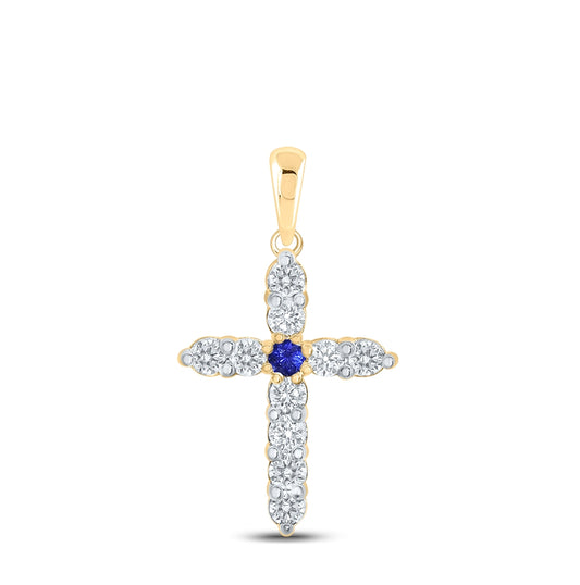 10K Yellow Gold Womens Round Blue Sapphire Diamond Cross Pendant 1/5 Cttw, Length: 1 In, Width: 0.53 In