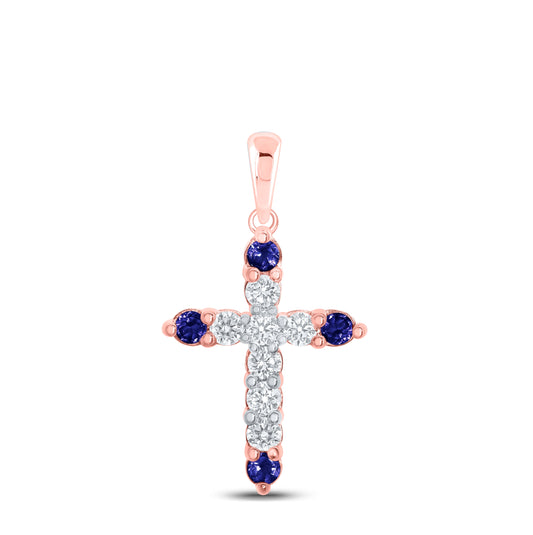 10K Yellow Or White Or Rose Gold Womens Round Blue Sapphire Diamond Cross Pendant