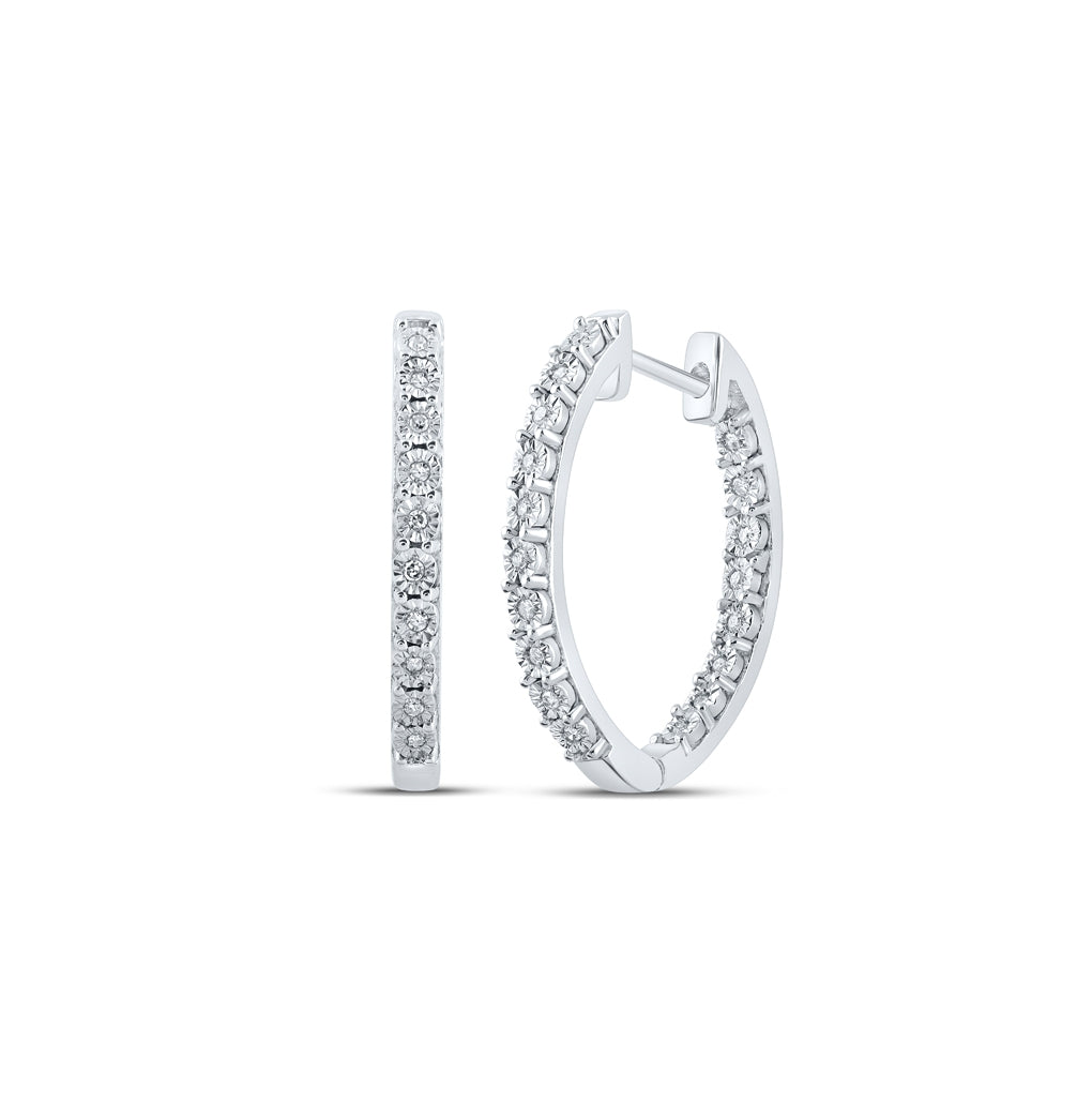 Sterling Silver Womens Round Diamond Inside Outside Hoop Earrings 1/10ctw, Length: 0.81 In