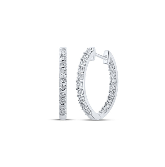 Sterling Silver Womens Round Diamond Inside Outside Hoop Earrings 1/10ctw, Length: 0.81 In