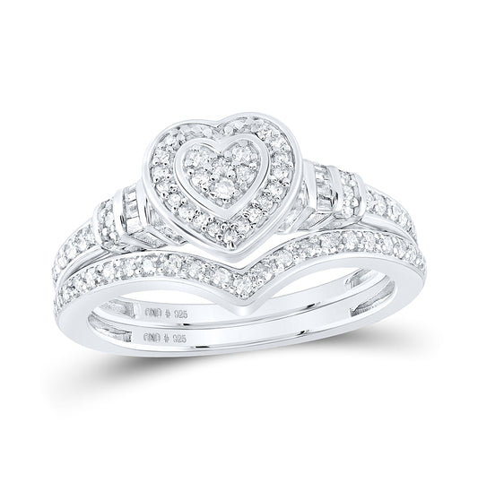 Sterling Silver Round Diamond Heart Bridal Wedding Ring Band Set 1/3 Cttw, Womens Size: 5-10