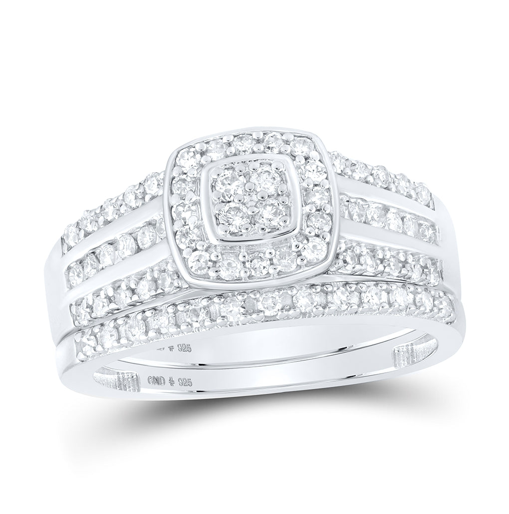 Sterling Silver Round Diamond Square Bridal Wedding Ring Band Set 1/2 Cttw, Womens Size: 5-10