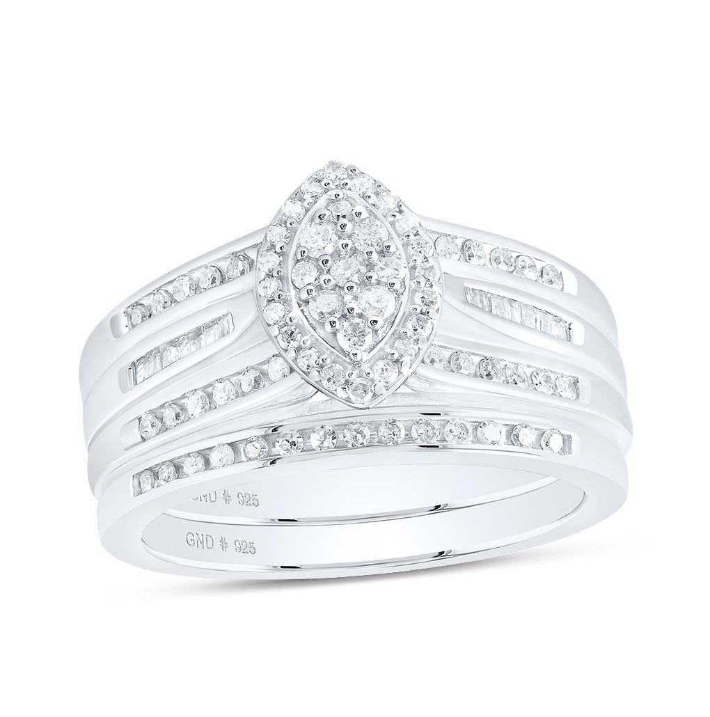 Sterling Silver Round Diamond 3-Pc Oval Bridal Wedding Ring Band Set 1/2 Cttw, Womens Size: 5-10