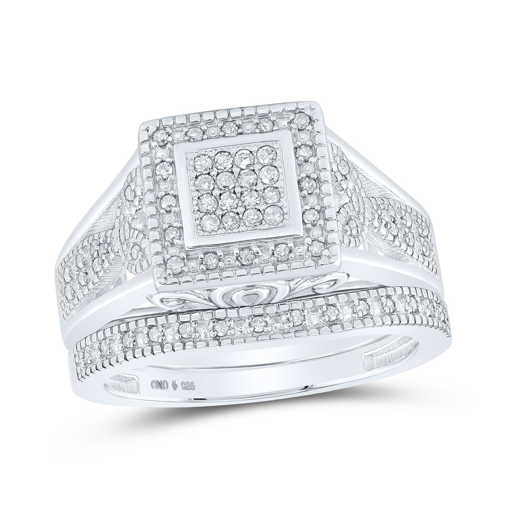 Sterling Silver Round Diamond Square Bridal Wedding Ring Band Set 1/5 Cttw, Womens Size: 5-10