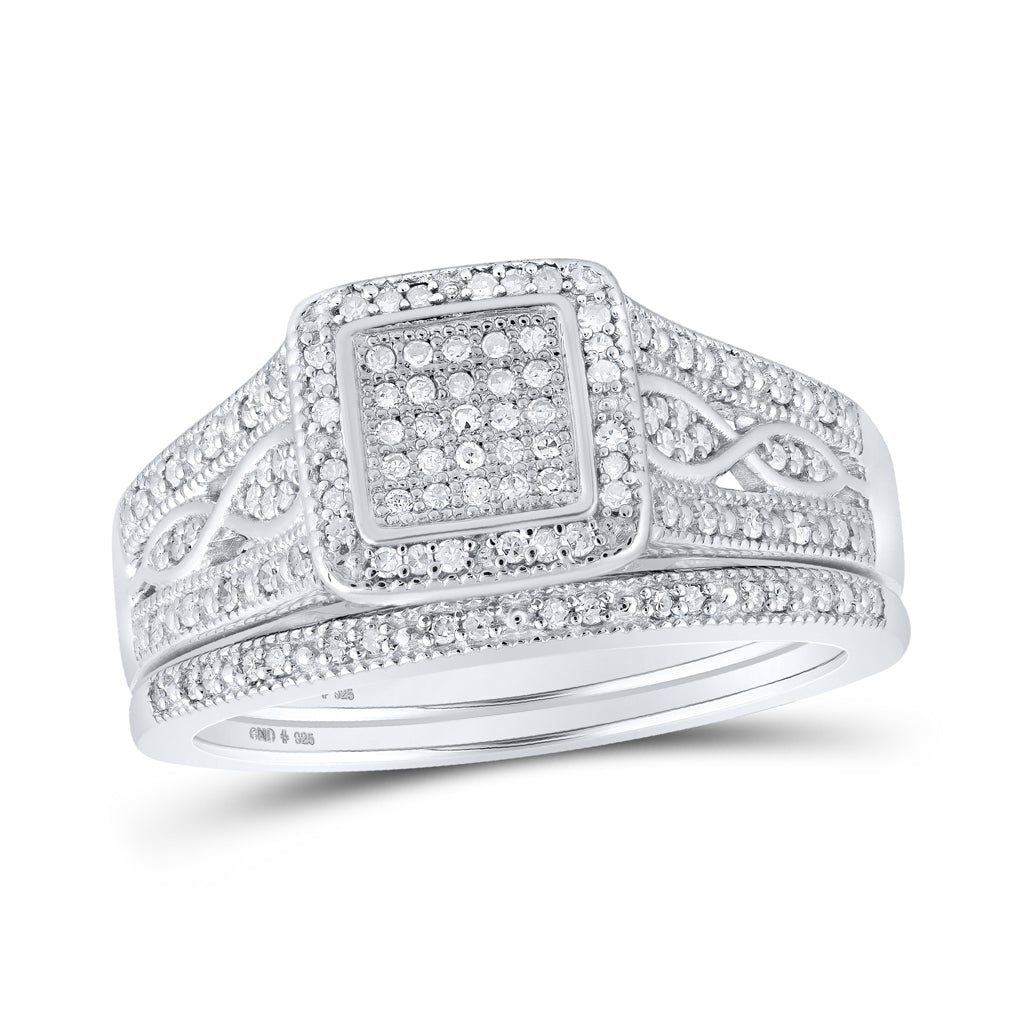 Sterling Silver Round Diamond Square Bridal Wedding Ring Band Set 1/3 Cttw, Womens Size: 5-10