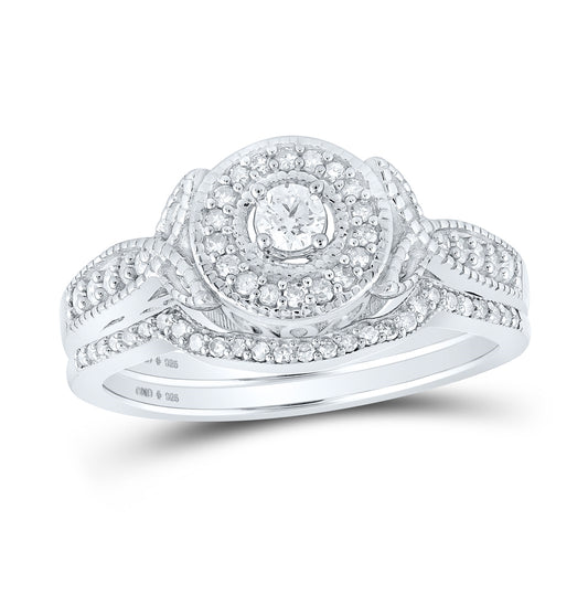 Sterling Silver Round Diamond Halo Bridal Wedding Ring Band Set 3/8 Cttw, Womens Size: 5-10