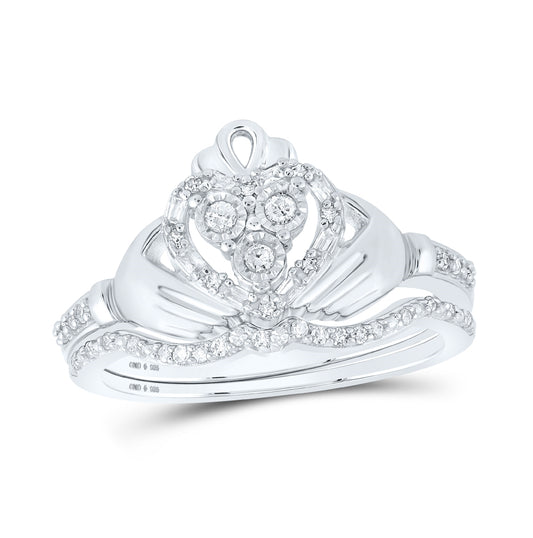 Sterling Silver Round Diamond Claddagh Bridal Wedding Ring Band Set 1/5 Cttw, Womens Size: 5-10