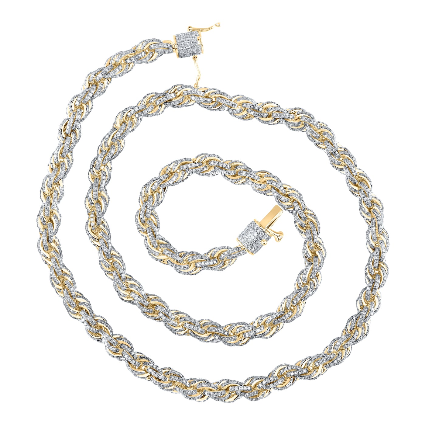 10K Yellow Gold Mens Round Diamond 20-inch Rope Chain Necklace 14-3/4 Cttw, Length: 20 In, Width: 0.24 In