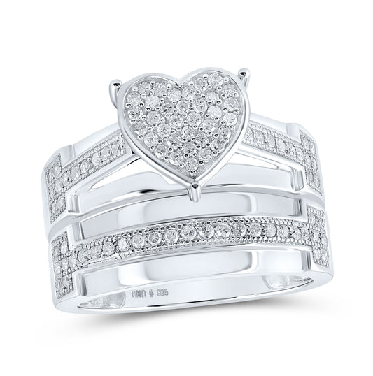 Sterling Silver His Hers Round Diamond Heart Matching Wedding Set 7/8 Cttw, Womens Size: 5-10, Mens Size: 7-13