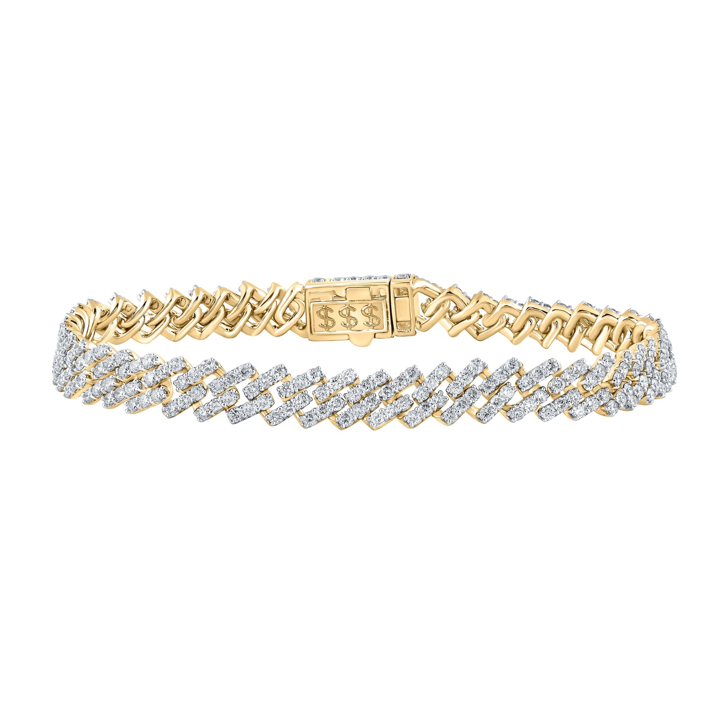 14K Yellow Gold Mens Round Diamond Straight Cuban Link Bracelet 7-5/8 Cttw, Length: 8.5 In, Width: 0.33 In