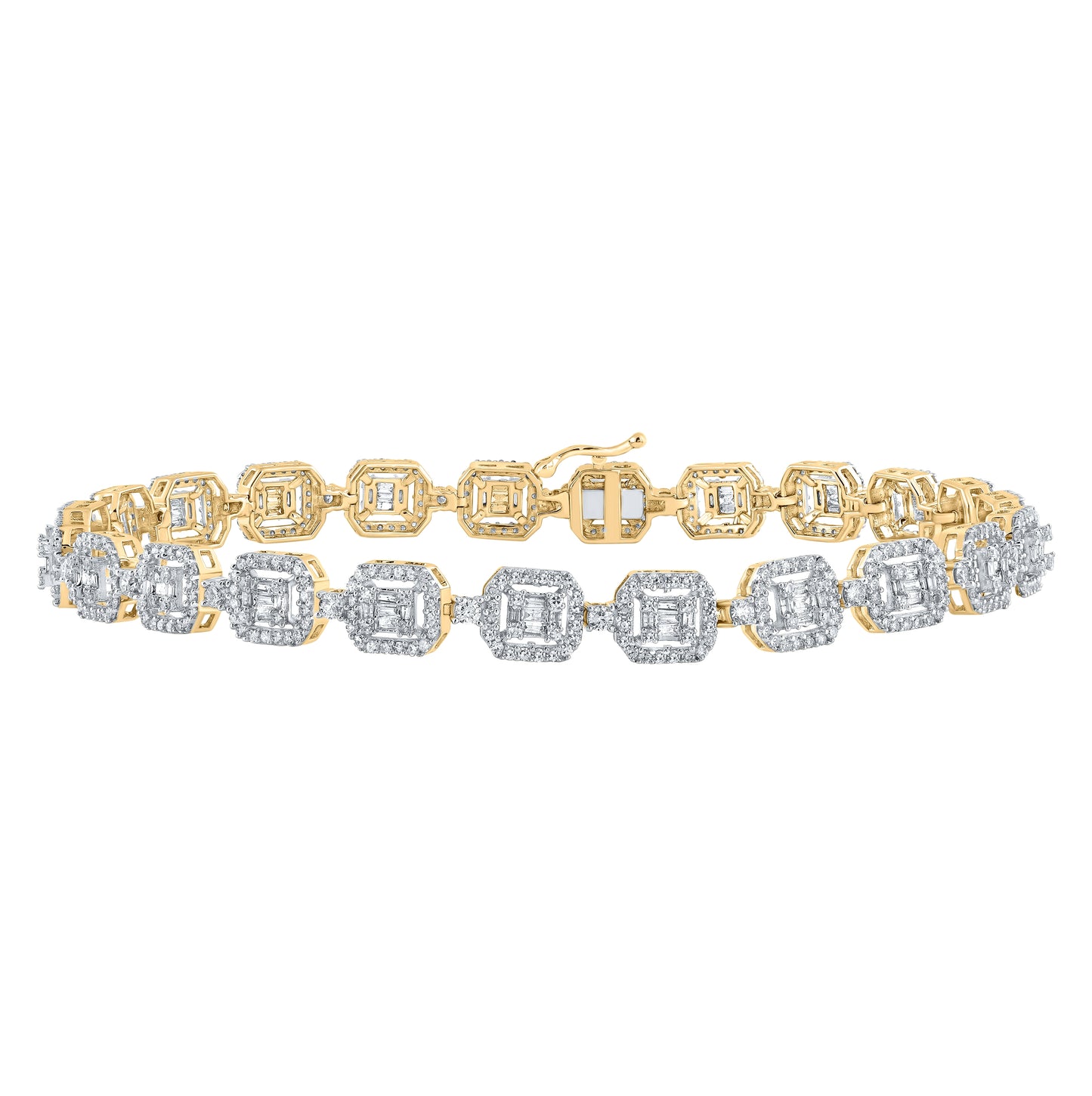 14K Yellow Or Rose Gold Mens Round Diamond Geometric Link Bracelet 4 Cttw, Length: 8.5 In, Width: 0.27 In