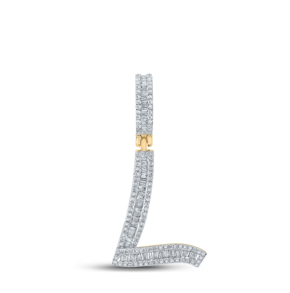 14K Yellow Gold Mens Baguette Diamond L Initial Letter Charm Pendant 5/8 Cttw, Length: 1.44 In, Width: 0.71 In