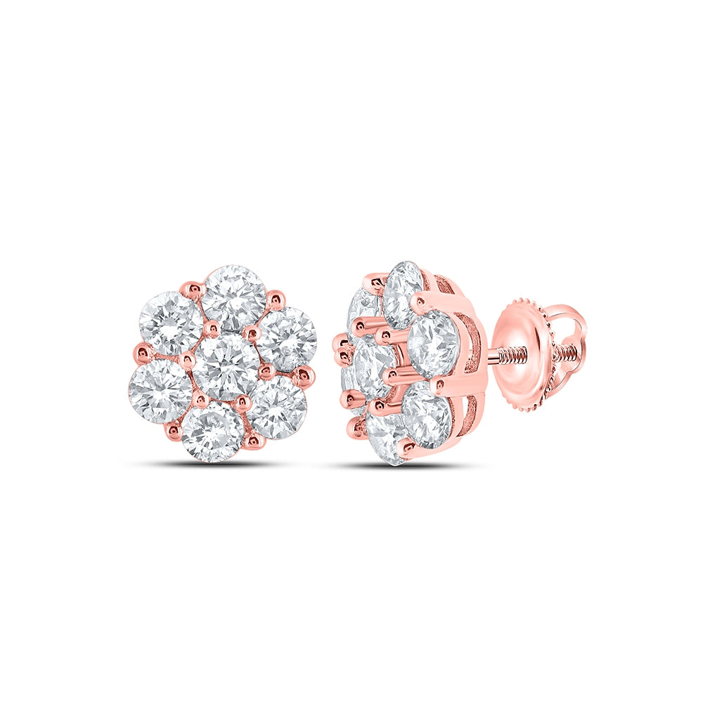 14K Yellow Or White Or Rose Gold Round Diamond Flower Cluster Earrings