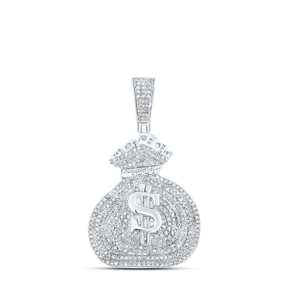 Sterling Silver Mens Round Diamond Money Bag Charm Pendant 1ctw, Length: 1.15 Inch Width: 0.89 Inch