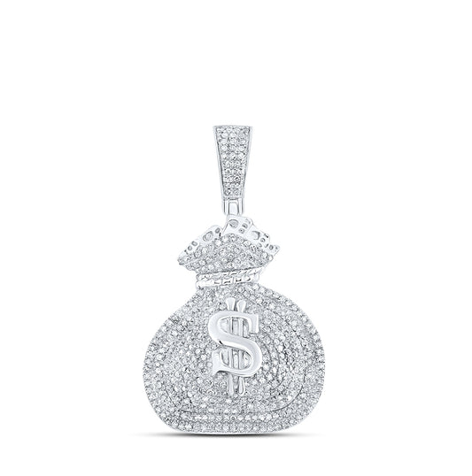 Sterling Silver Mens Round Diamond Money Bag Charm Pendant 1ctw, Length: 1.15 Inch Width: 0.89 Inch