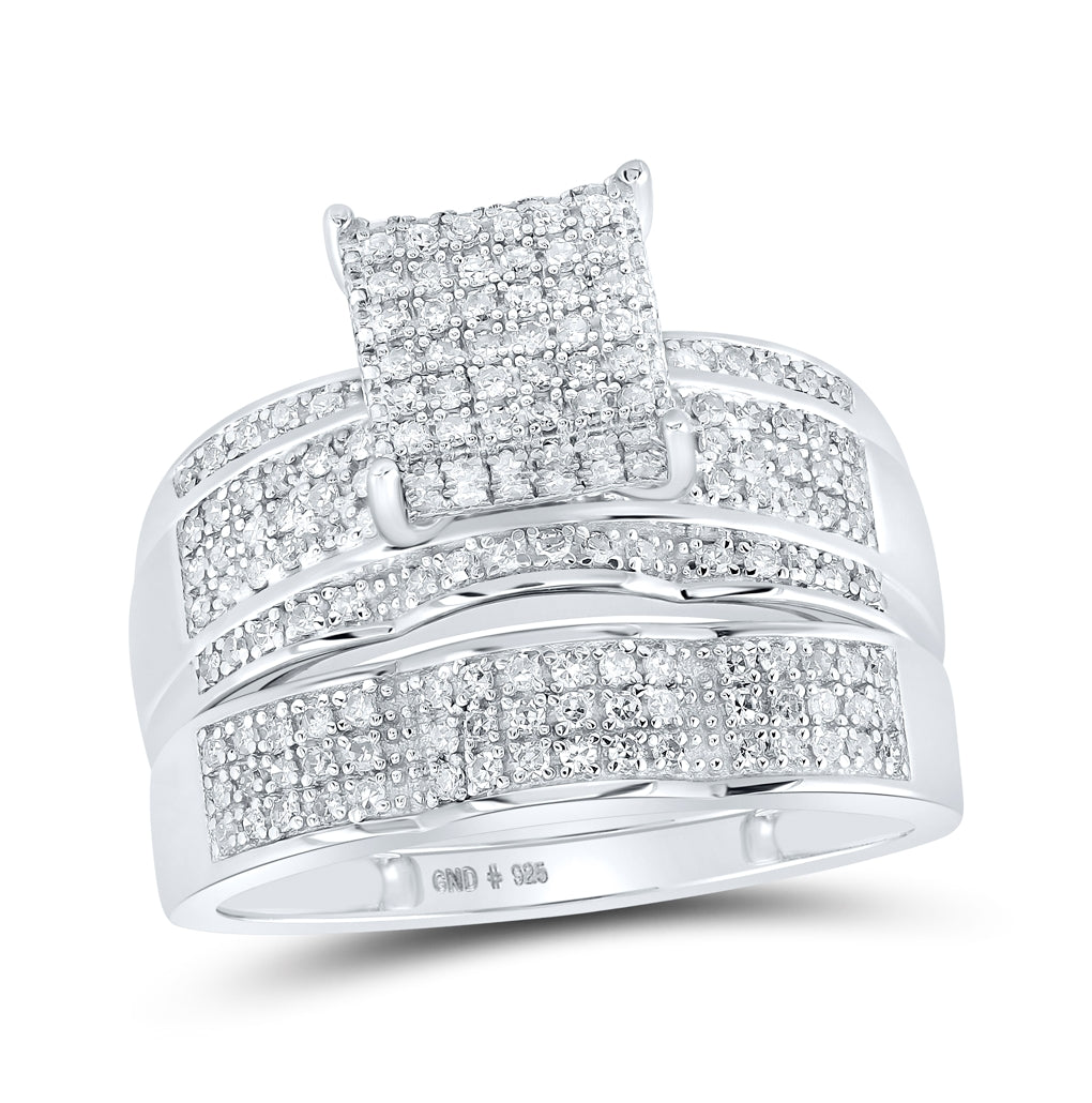 Sterling Silver His Hers Round Diamond Square Matching Wedding Set 7/8ctw, Womens Size: 5-10, Mens Size: 7-13