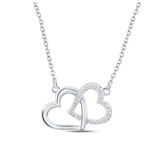 Sterling Silver Womens Round Diamond 18-inch Double Heart Necklace 1/20 Cttw, Length: 0.44 In, Width: 0.61 In