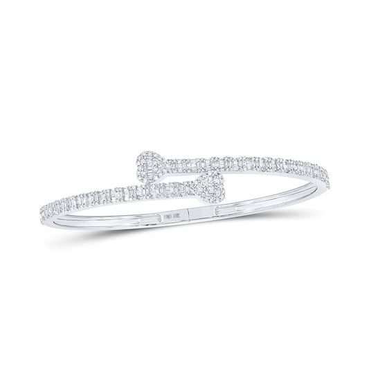 10K White Gold Womens Baguette Diamond Cuff Heart Bracelet 1-1/2 Cttw, Width: 0.63 In