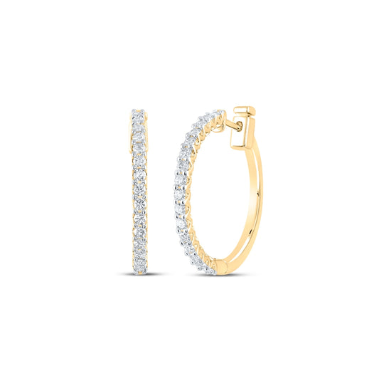 14K Yellow Gold Womens Round Diamond Hoop Earrings 7/8 Cttw