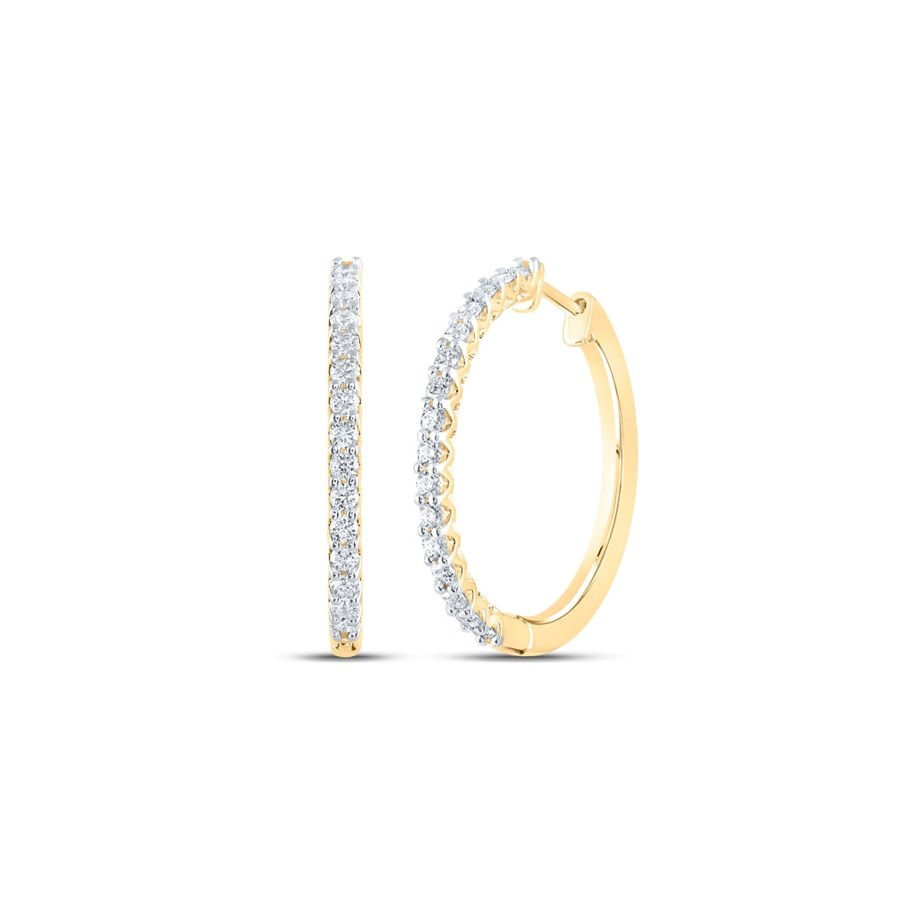 14K Yellow Gold Womens Round Diamond Hoop Earrings 7/8ctw