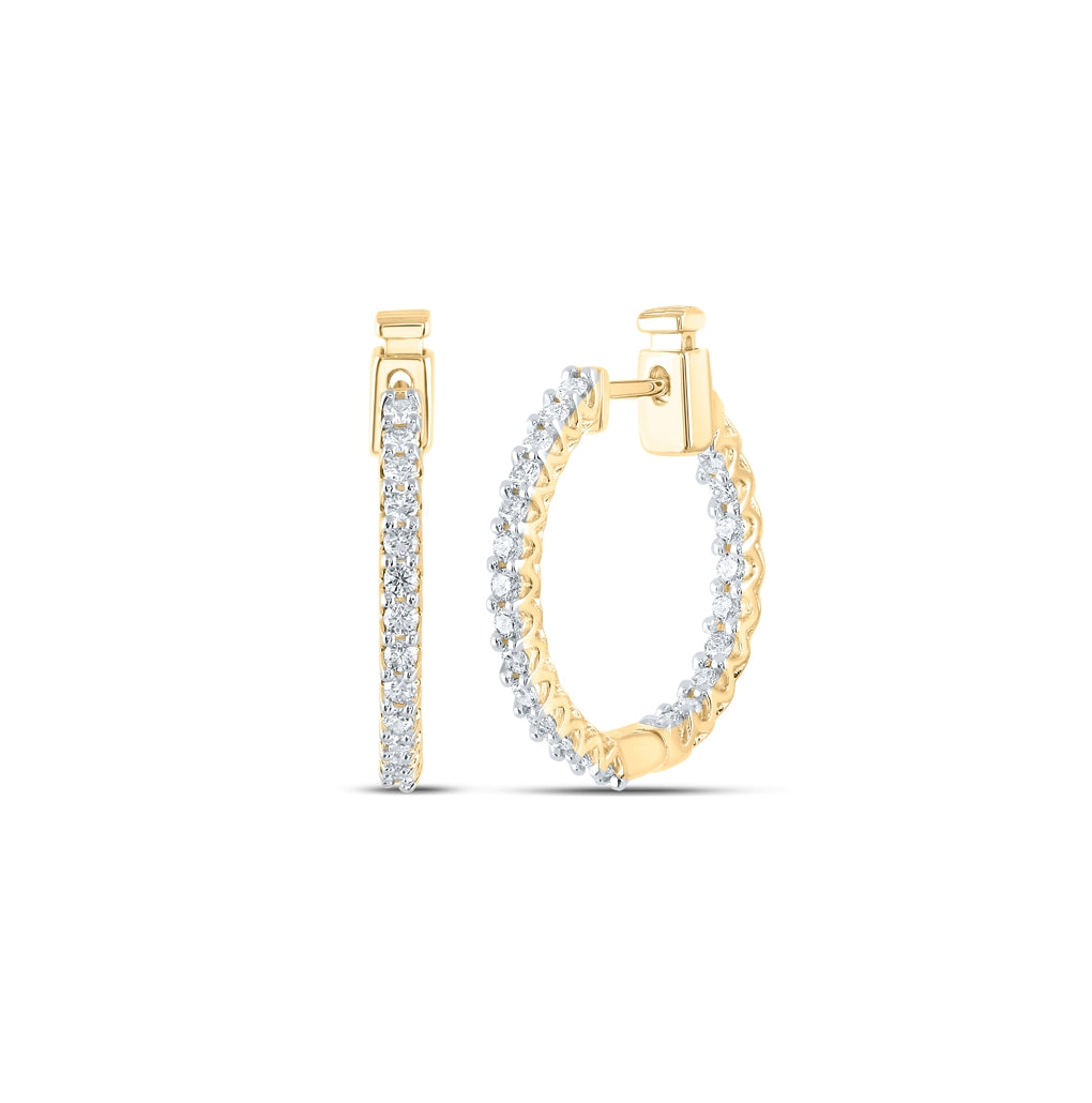 14K White Or Yellow Gold Womens Round Diamond Inside Outside Hoop Earrings