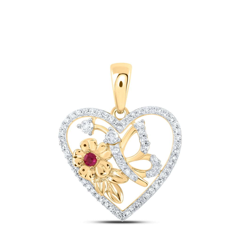 10K Yellow Or White Or Rose Gold Womens Round Ruby Diamond Butterfly Heart Pendant