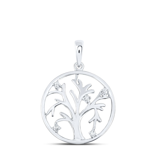 Sterling Silver Womens Round Diamond Tree Circle Pendant 1/20ctw, Length: 1.15 Inch Width: 0.78 Inch