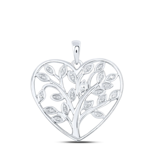 Sterling Silver Womens Round Diamond Tree Heart Pendant 1/12ctw, Length: 1.08 Inch Width: 0.98 Inch